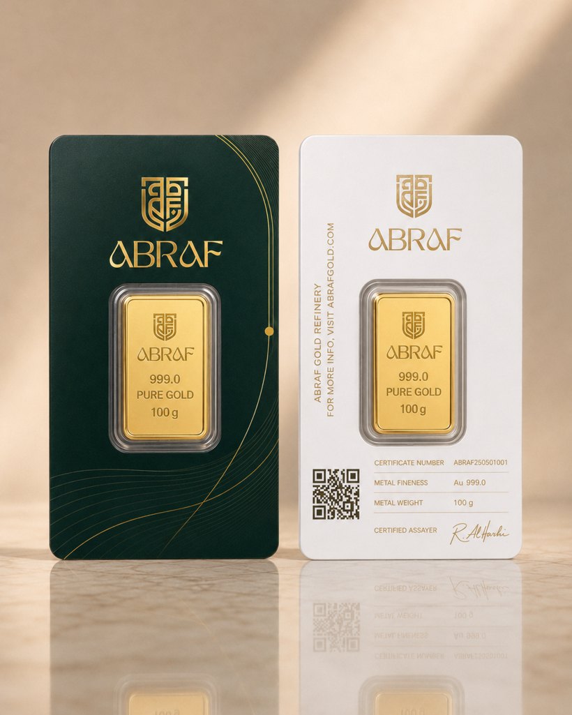 ABRAF 100 g 999.0 fine gold bars in certified assay cards