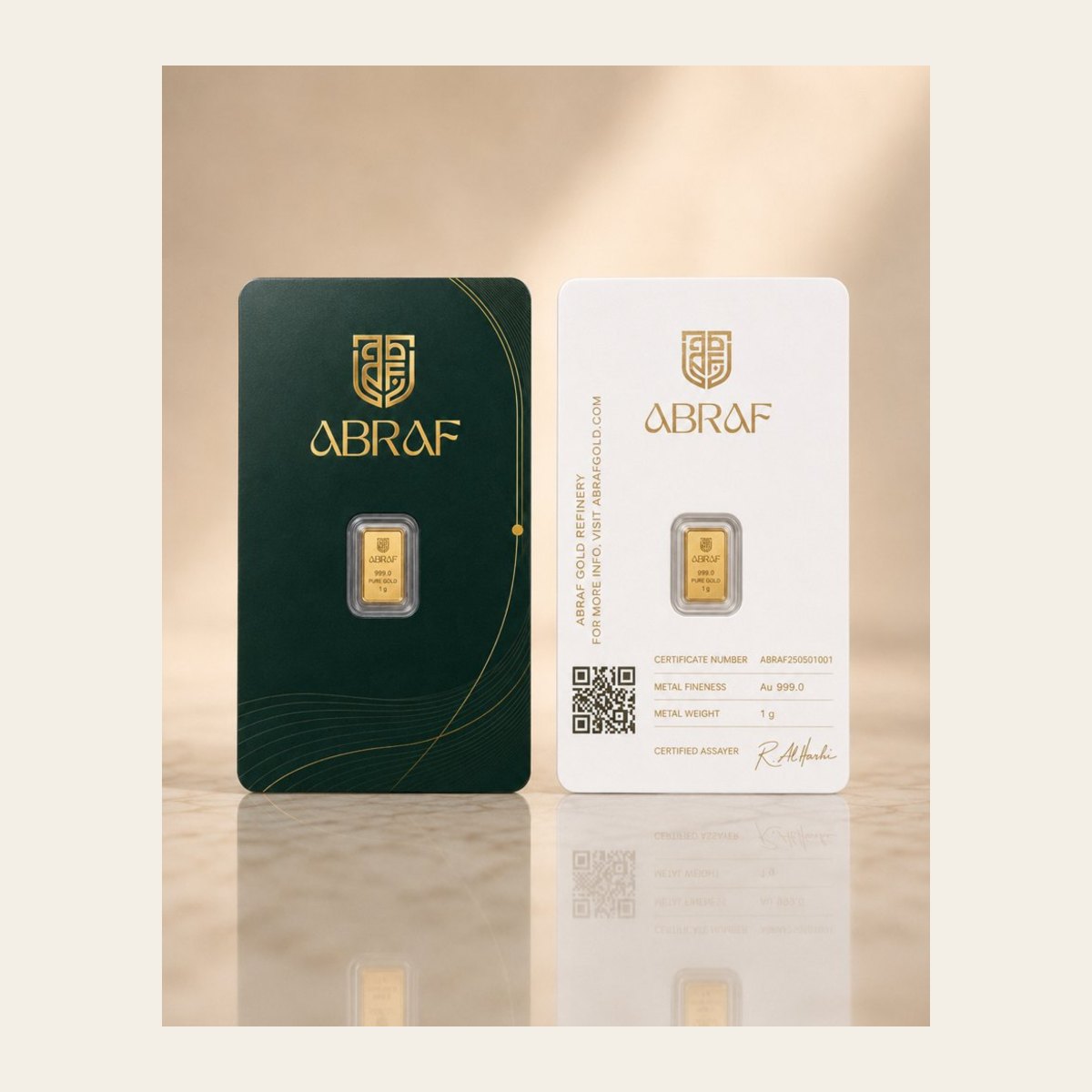 1 Gram 999 Minted Gold Bar (24K) — ABRAF Gold 1 gram 999 24K minted gold bar by ABRAF with assay card and QR certificate